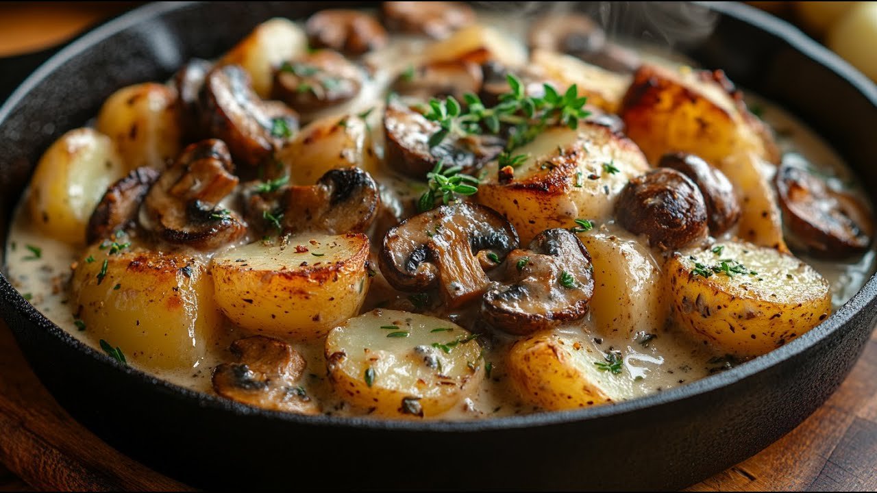 Cremige Pilzpfanne mit Kartoffeln & Kräutern. Einfach, vegan & richtig gemütlich